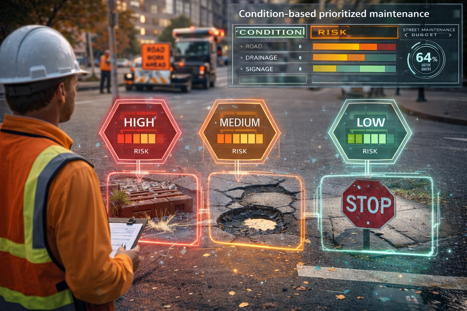 Road maintenance team reviewing condition-based risk map for signage and drainage assets